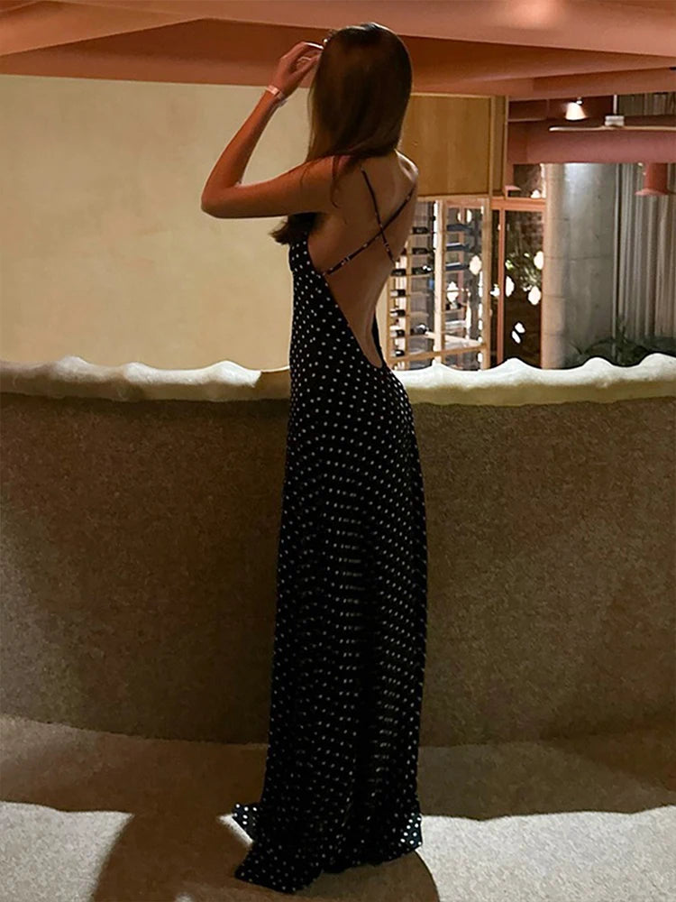 Summer Dresses Women's Polka Dot Long Dress Scarf Ribbon Ruffle Halter