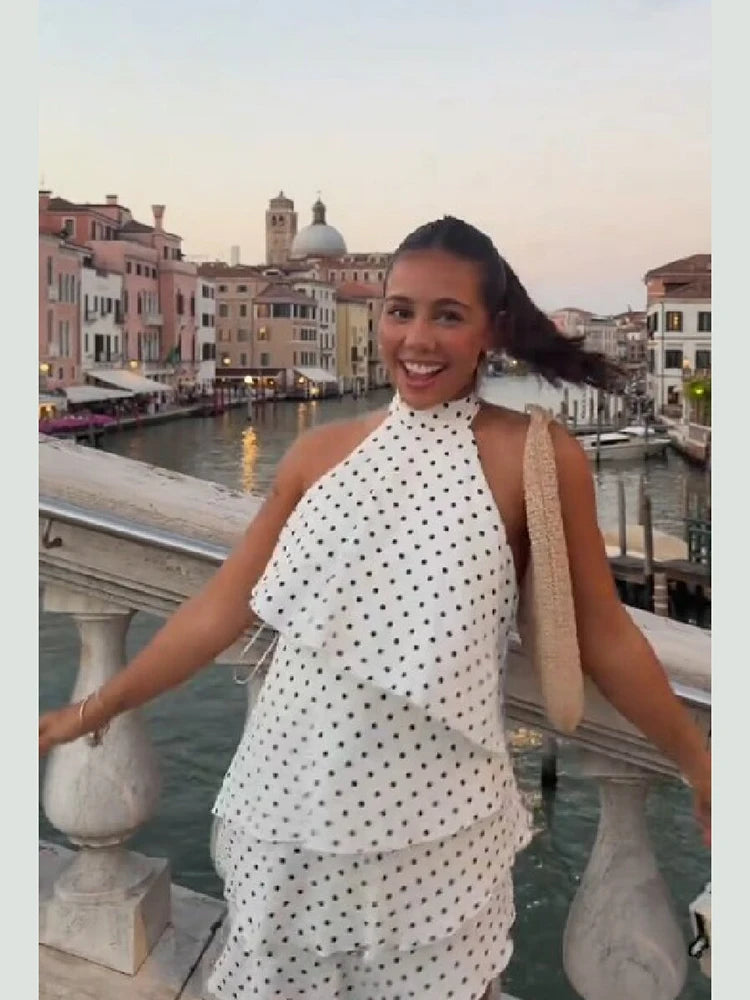 Sweet Chic Polka Dot Mini Dress Vintage Halter Neck Ruffle Tiered Layered