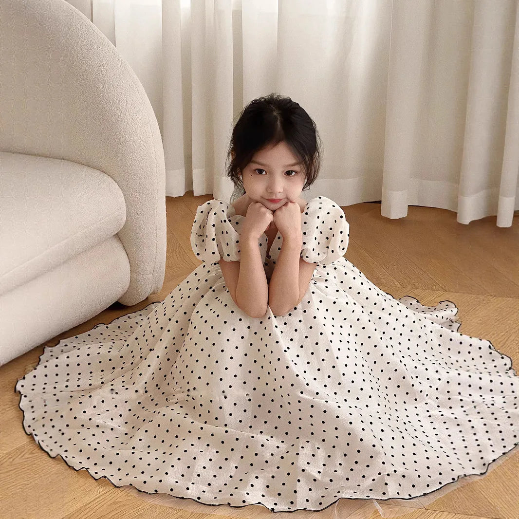 Girls Polka Dot Party Dress Summer Bubble Sleeves Princess