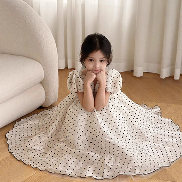 Girls Polka Dot Party Dress Summer Bubble Sleeves Princess
