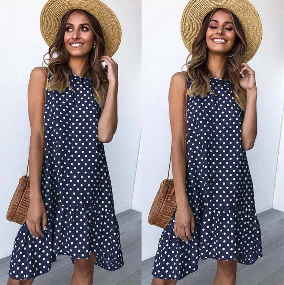 Ruffled Polka Dot Dress for Women, Sleeveless, Round Neck, Loose Hem, New
