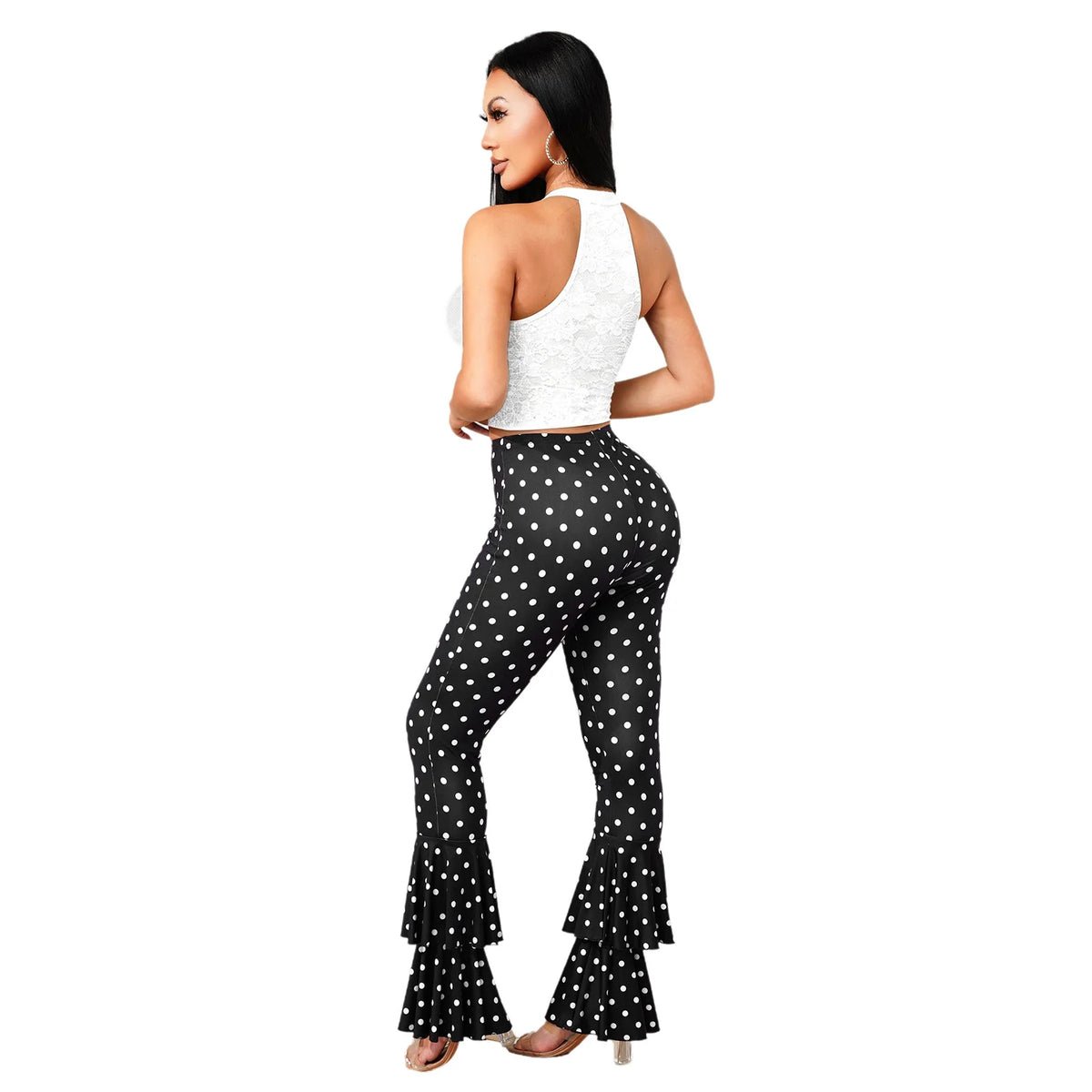 Chic Women Polka Dot Print Two Piece Set Sexy Lace Hole Crop Top+Bodycon