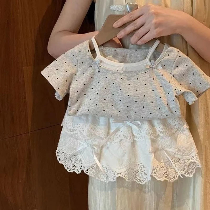 Girls Cute Polka Dot T-Shirt Summer Casual Short Sleeve