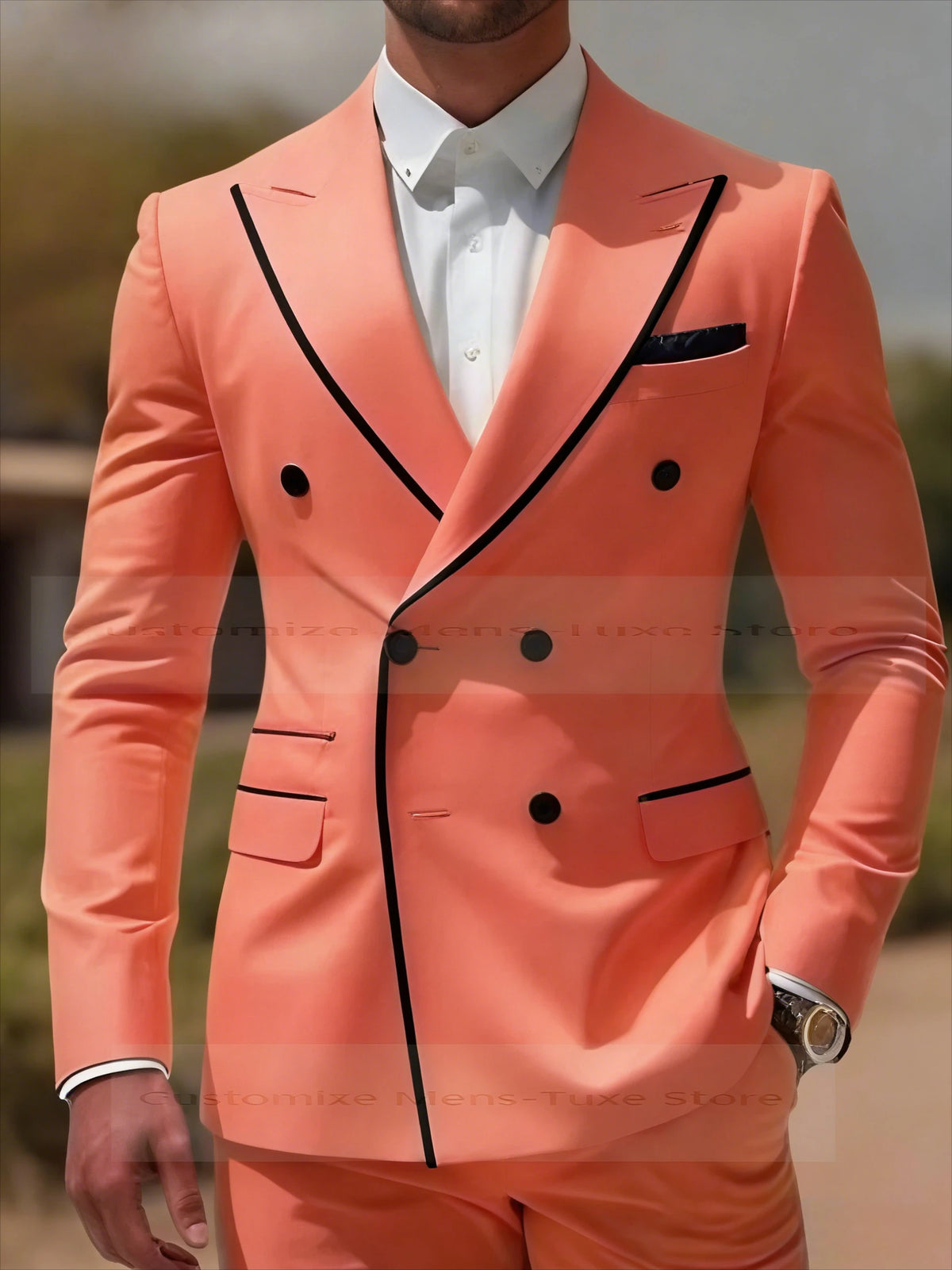 Black Collar Orange Male Business Men Suit Groom Groomsman Wedding Party
