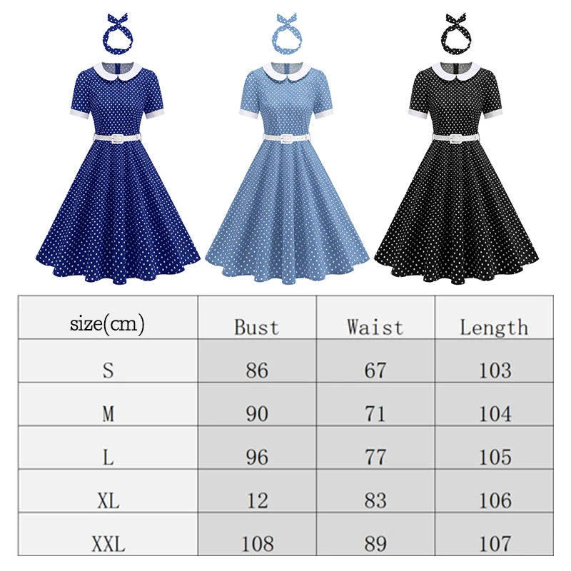 Women Retro Lapel Polka Dot Dress With Belt Rockabilly Evening Party Cocktail