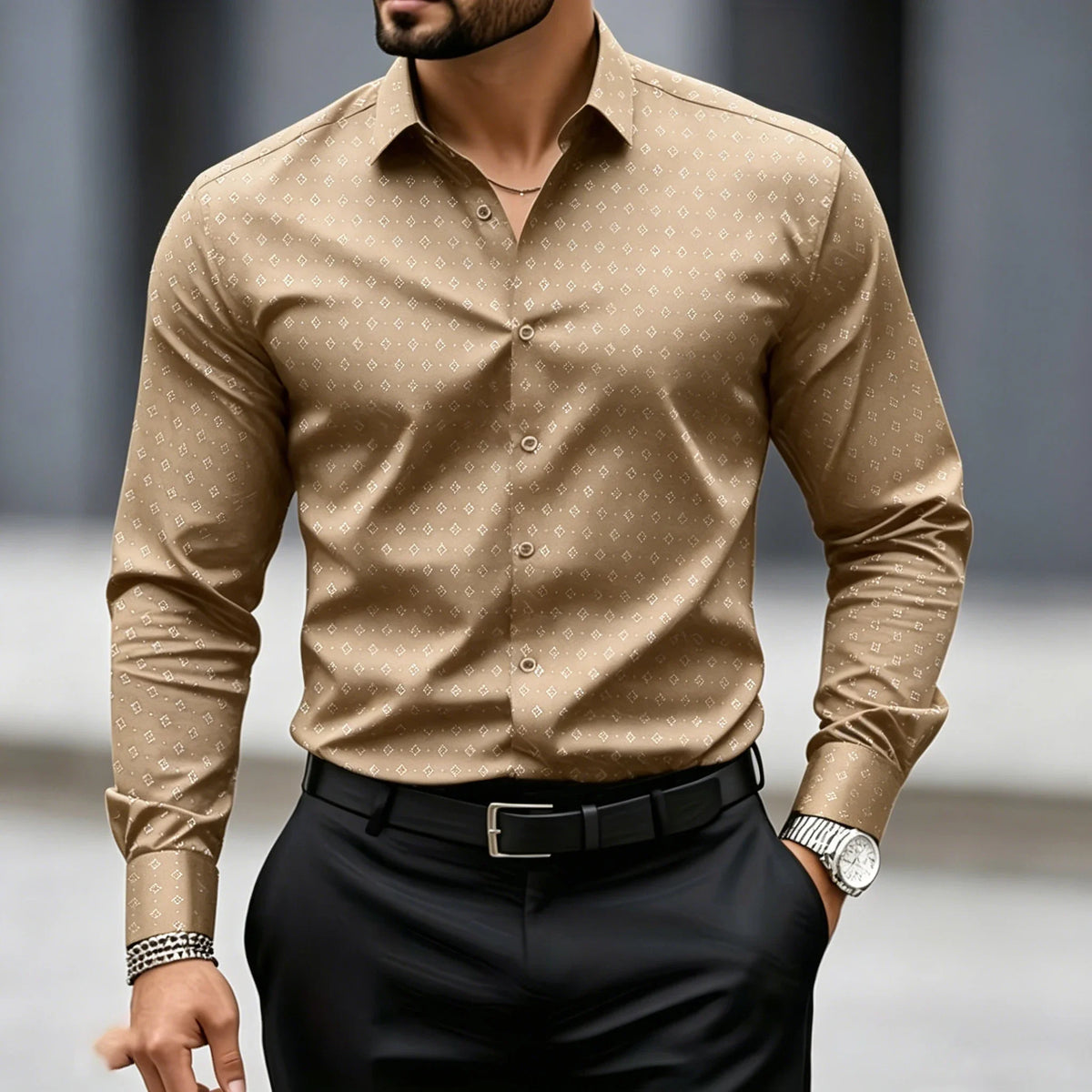 High end black fine geometric polka dot shirt for men slim fit long sleeved business suit