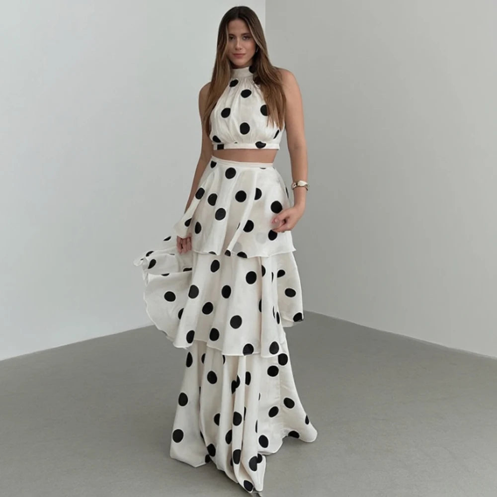 French Retro Holiday Women Long 2 Piece Elegant Polka Dot Sleeveless