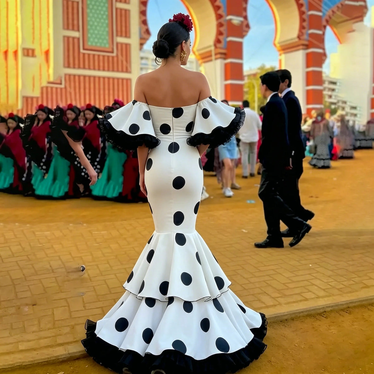 Customized Modern Evening Dress Long Sleeves Polka Dot Spanish Prom
