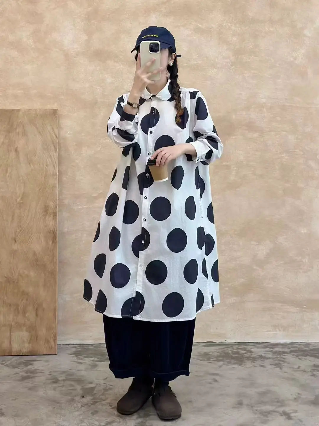 Bust pure cotton polka dot print shirt dress for women Japan style