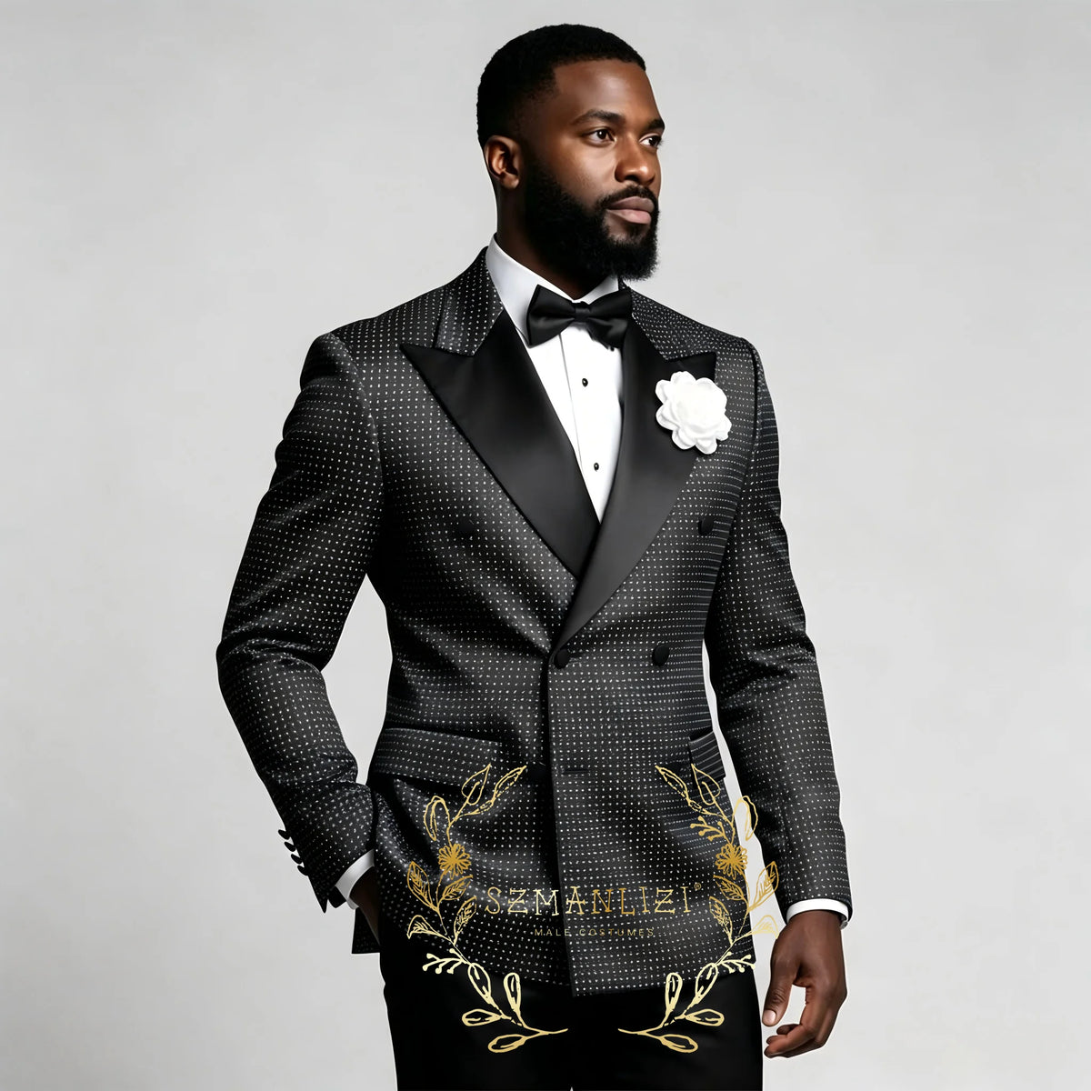 Men's Black Polka Dot 2-Piece Suit (Jacket + Pants)
