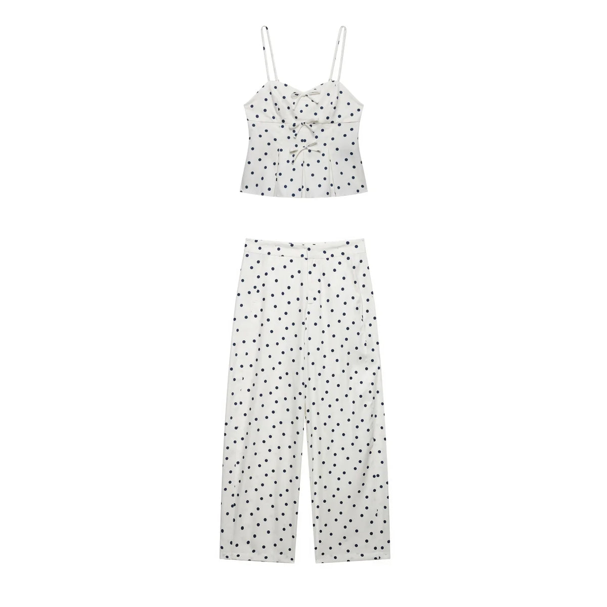Women's Summer Polka Dots Pants Suit Set Female Front Placket Lace-Up Sexy Camison Top Lady Casual Bucket Long Trousers