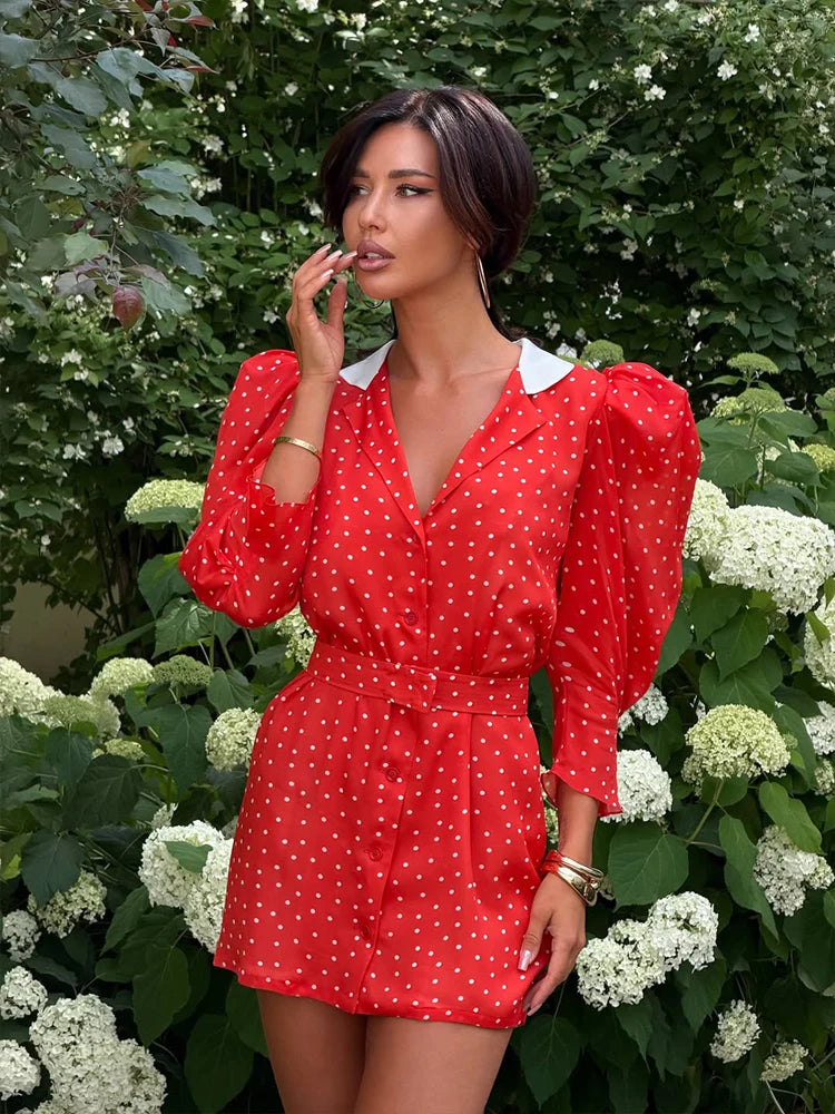 Ahagaga Sexy Polka Dot Print V Neck Mini Dresses For Women Elegant Party