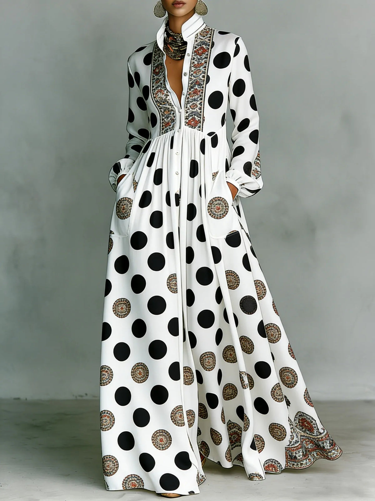 Women's Vintage Polka Dot Ethnic Printed Shirt Dress Long Sleeves Stand