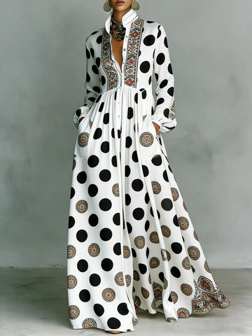 Women's Vintage Polka Dot Ethnic Printed Shirt Dress Long Sleeves Stand