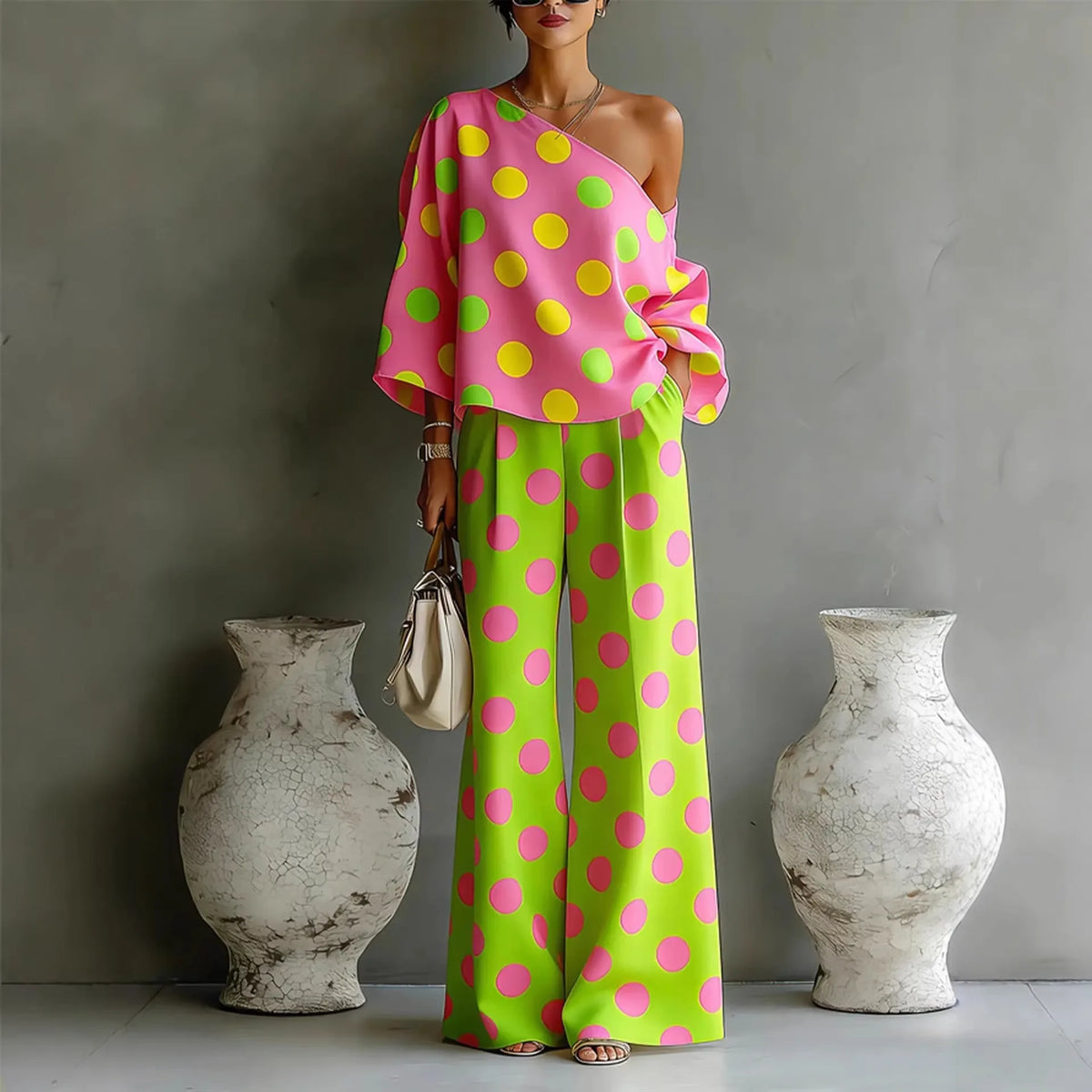 Women Summer Color Wave Point Two Piece Set Slant Shoulder Open Back Top+High Waist