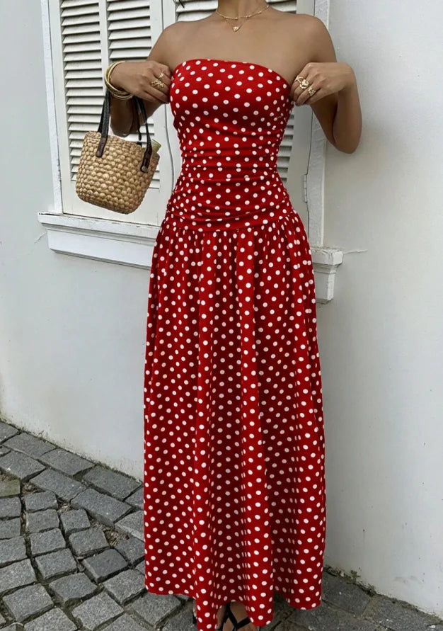 Polka-Dot Tube Top High-Neck Sleeveless Long Dress with Slim Fit