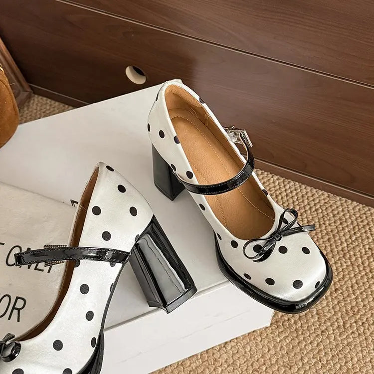 Sweet Polka Dot  Knot Mary Jane High Heels Women's