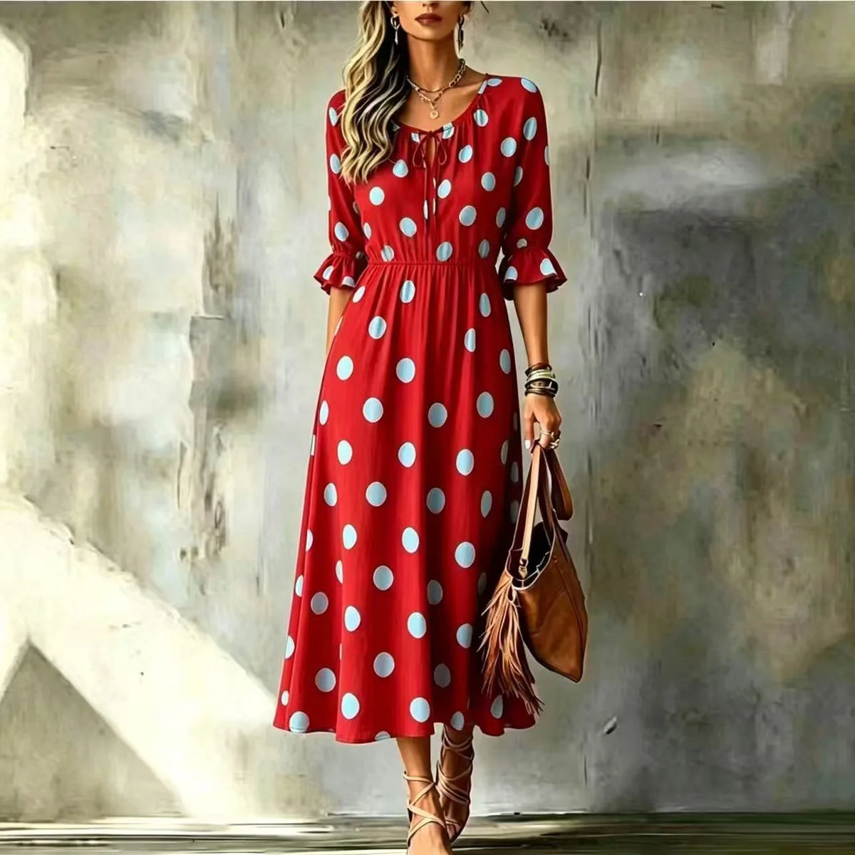 Women's New Dress Summer Boho Fashion Waist O-neck Lace-up Slimming