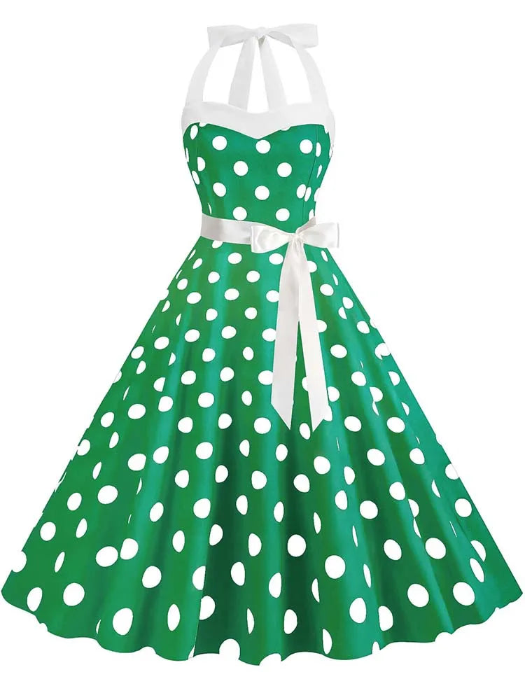 Women Summer Party Dress With Belt Polka Dot Print Halter Hepburn