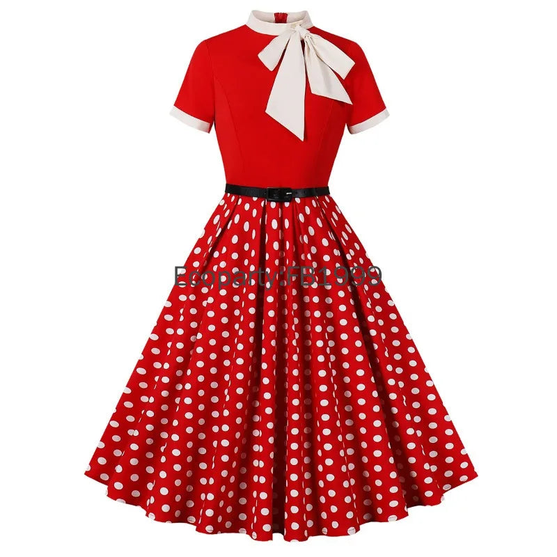 Women Summer Retro Casual Party Dress Elegant Short Sleeve Polka Dot