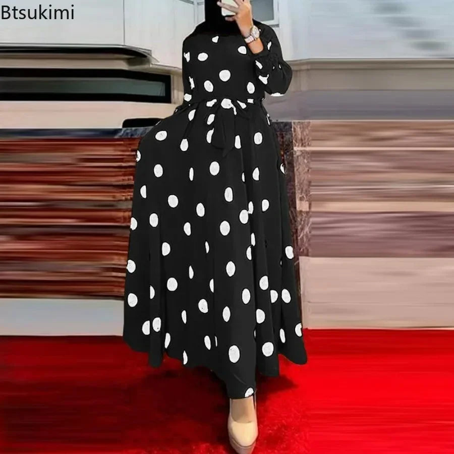 2026 Women's Casual Dress Polka Dot Print Long Maxi Dress Party Casual Long Sleeve O Neck High Waist Dresses Vestidos Streetwear