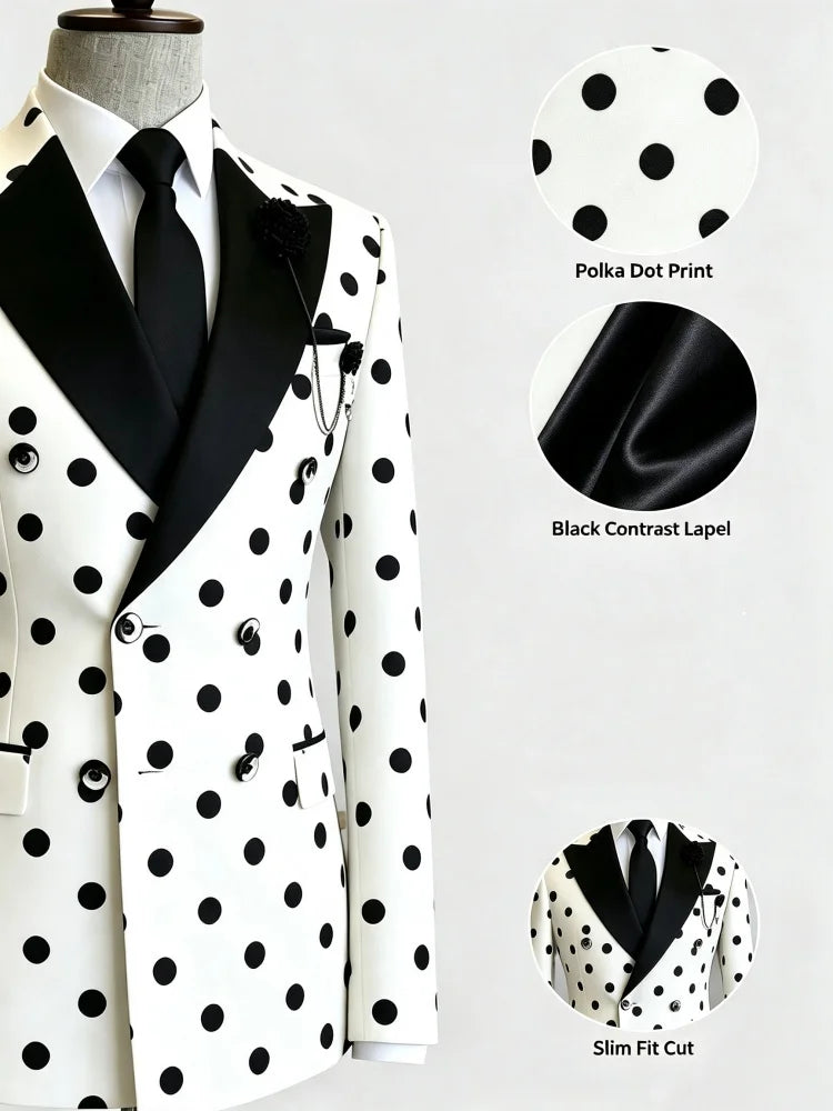 Men's White Polka Dot Double-Breasted Blazer (Jacket Only)