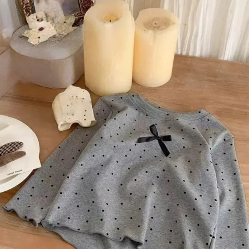 Kid T-shirt Polka Dot Black Bow Long Sleeve Base Shirt Spring