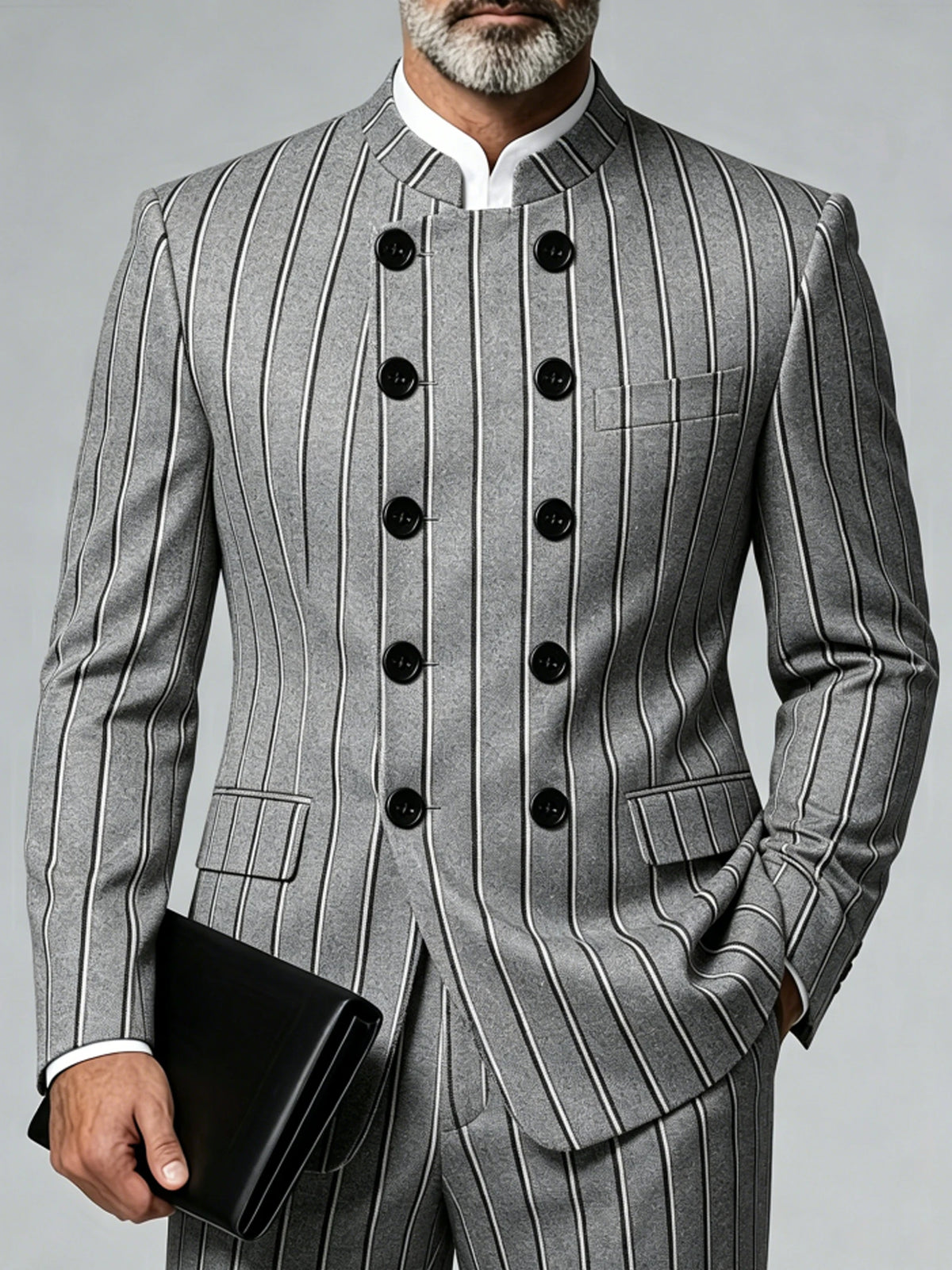 Men Plus Size Luxury Classic Blazer Mandarin Collar Polka Dot Double Breasted Long Sleeve Slim Business Party Outerwear Jacket