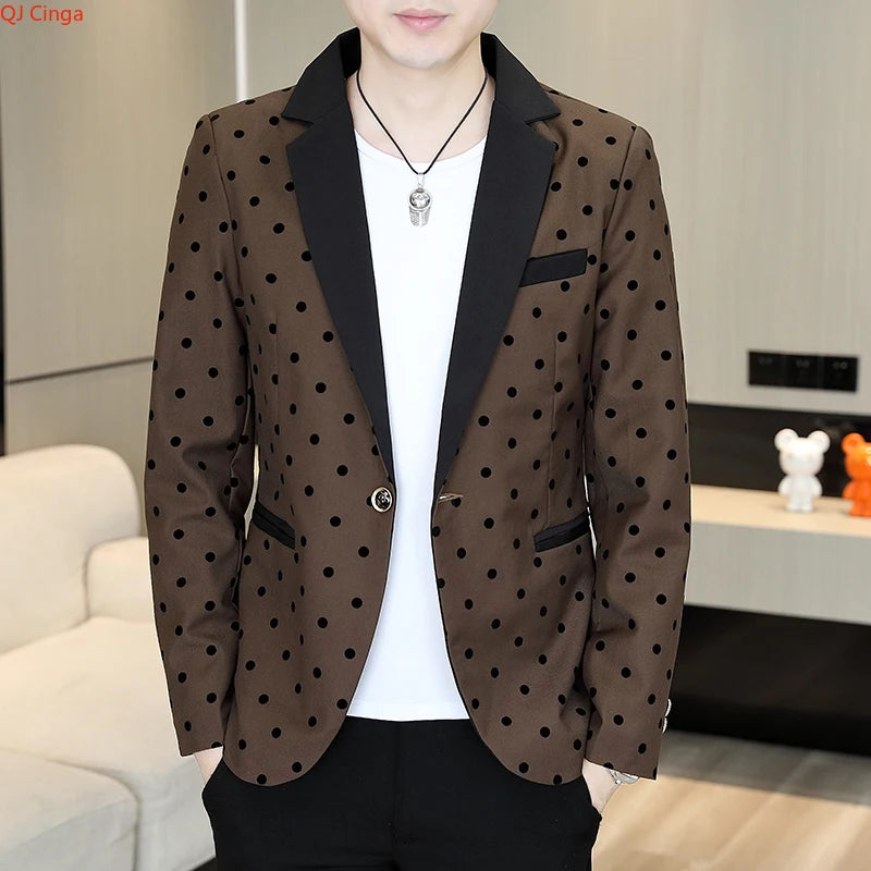 Men's Brown Long-Sleeve Suit Jacket Polka Dot Pattern Decorated Outerwear