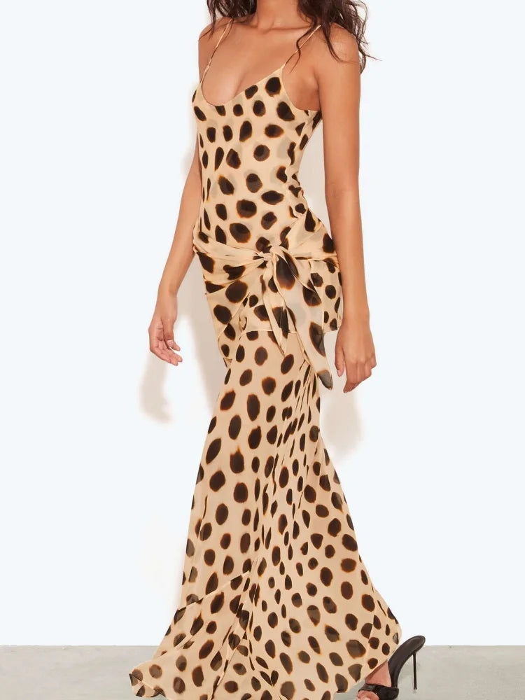 Sexy Polka Dot Print Sling Maxi Dress Women Fashion V-neck Spaghetti Strap