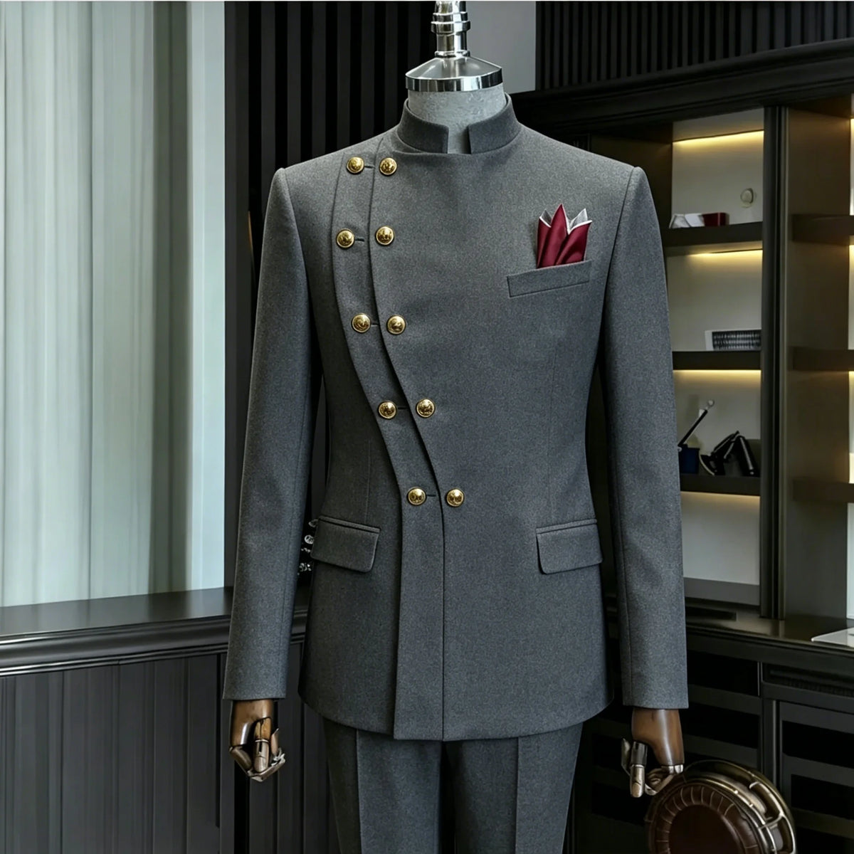 Men's Stand Collar 2-Piece Suit (Blazer + Pants)