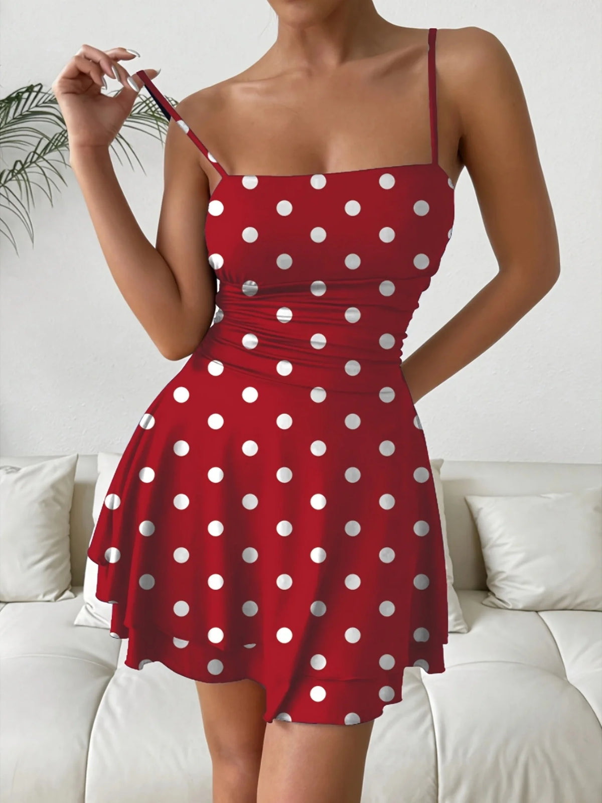 Women's Casual Elegant Square Neck Sleeveless Polka Dot Mini Dress