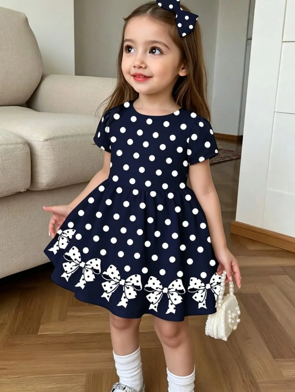 Cute Polka Dot Bow 3D Print Dress for Girls Casual Short Sleeve Dress C