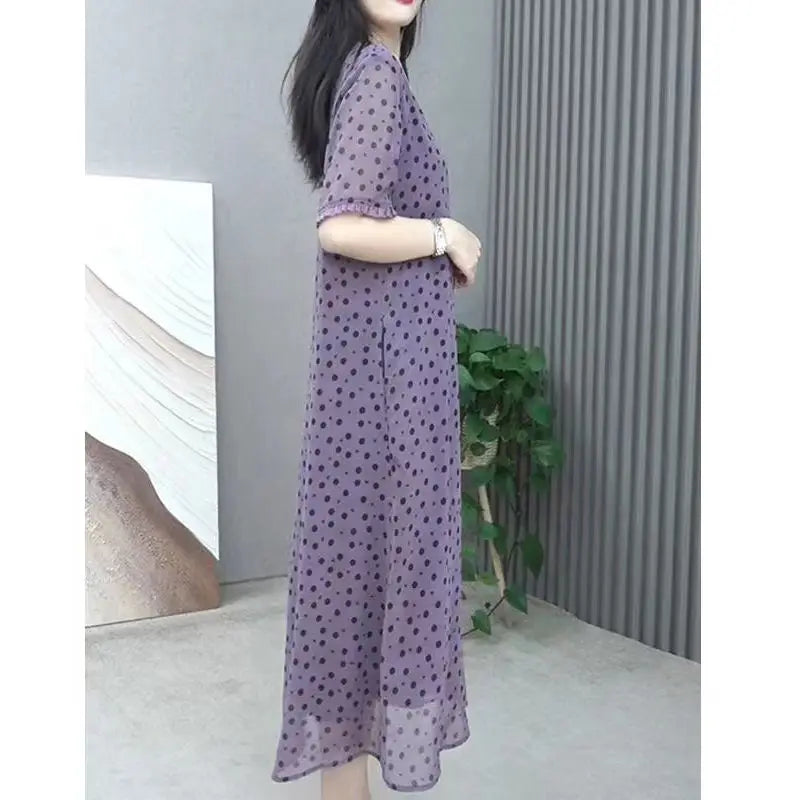 Elegant O-Neck Printed Polka Dot Chiffon Short Sleeve Dress