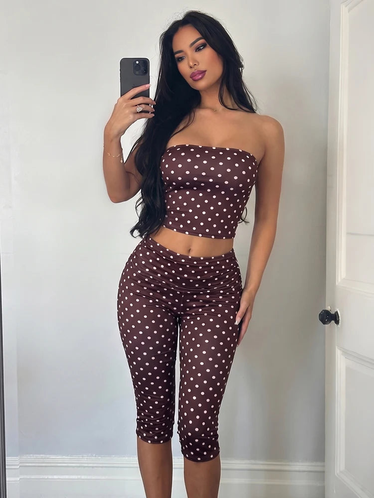 Kliou Polka Dot Backless Tube Top & Shorts Set