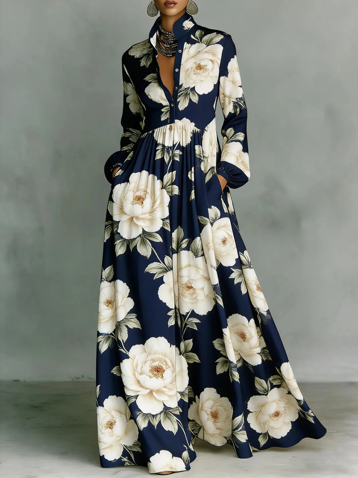 Women's Vintage Polka Dot Ethnic Printed Shirt Dress Long Sleeves Stand