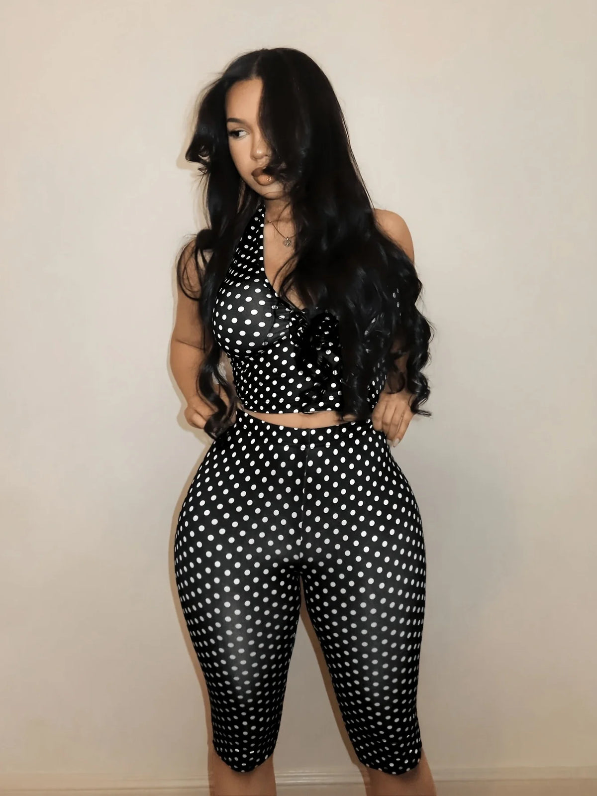 Sexy Black White Polka Dot Hanging Neck Suit Women's Fashionable Clothing Set