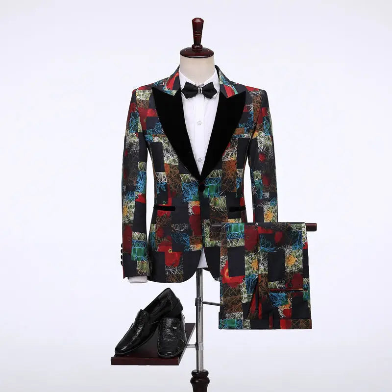 Latest Design Men's Suit Houndstooth Jacket Black Pants 2 Pieces Double Breasted Slim Fit Formal Wedding Tuxedos Evening Dress