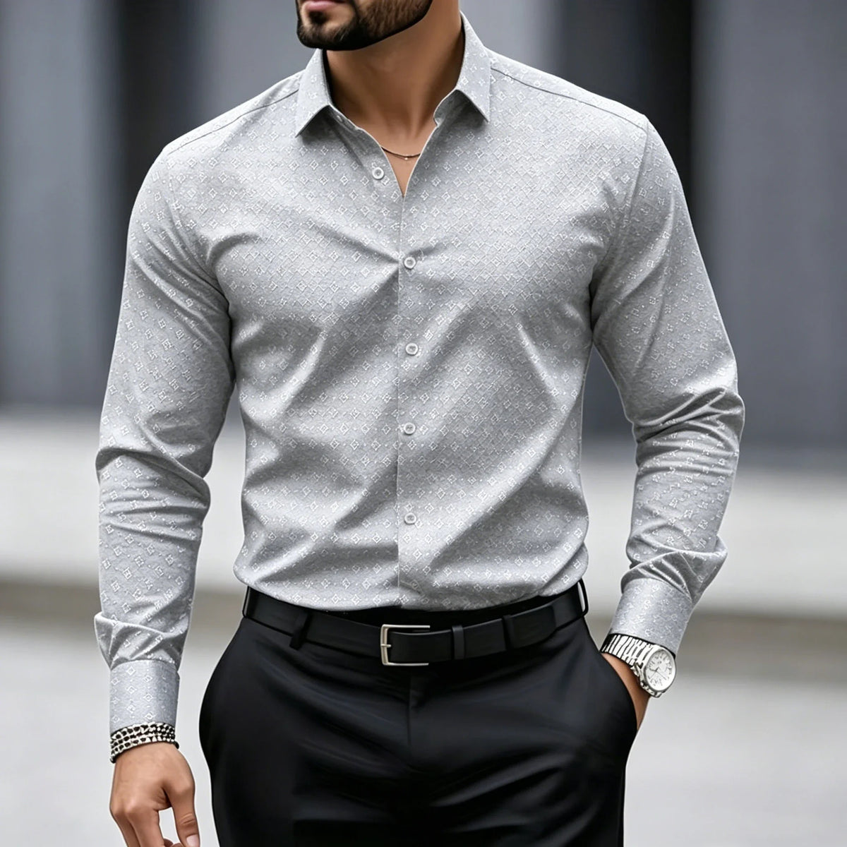 High end black fine geometric polka dot shirt for men slim fit long sleeved business suit