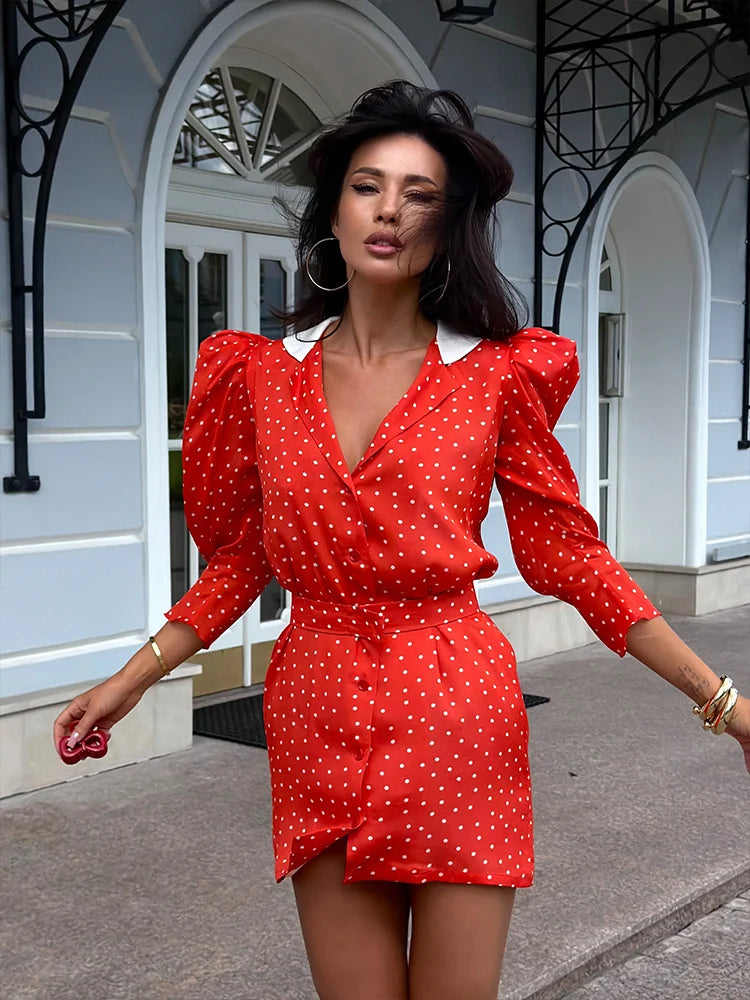 Ahagaga Sexy Polka Dot Print V Neck Mini Dresses For Women Elegant Party