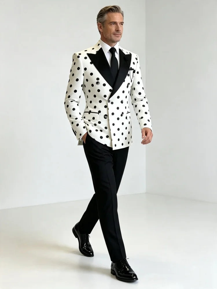 Men's White & Black Polka Dot Double-Breasted Blazer