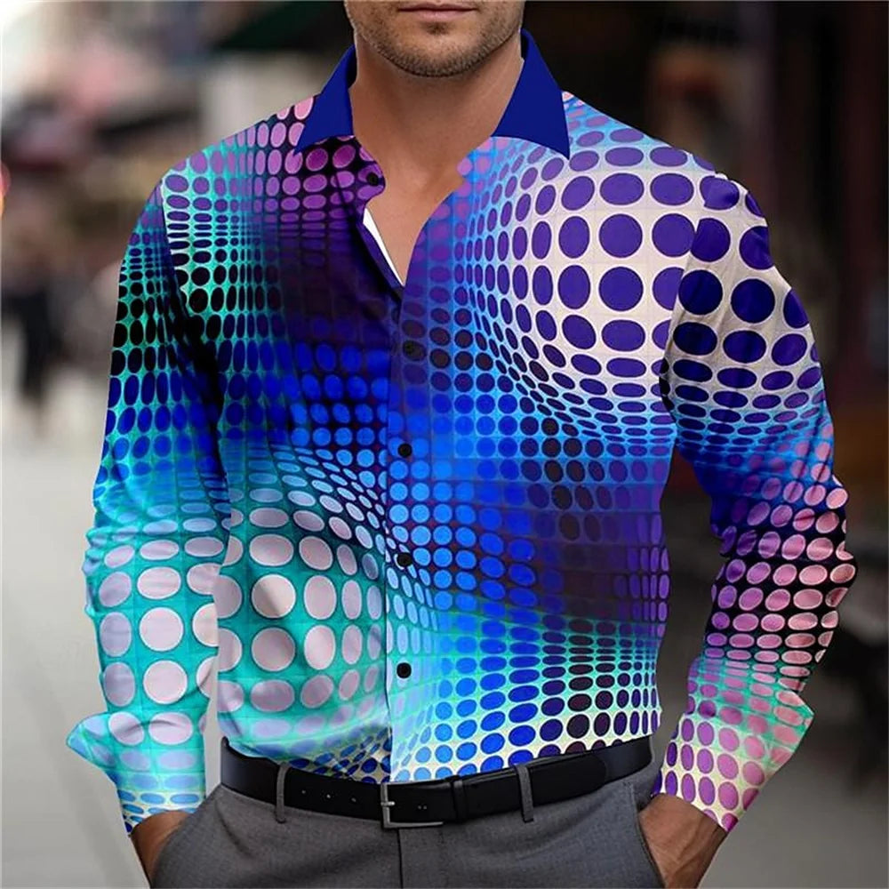 Men's Long Sleeved Polka Dot Printed Lapel Top Button Up