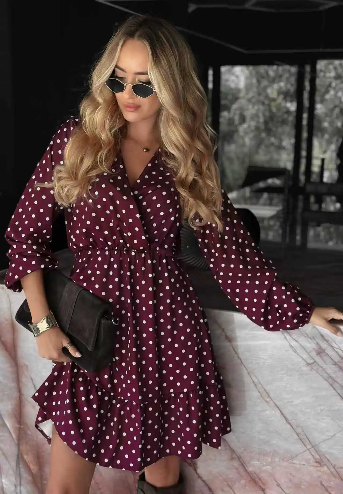 Women's Polka Dot V-Neck Dress - Long Sleeve Elastic Waist Dress, Sweet Fall Winter Party Dress