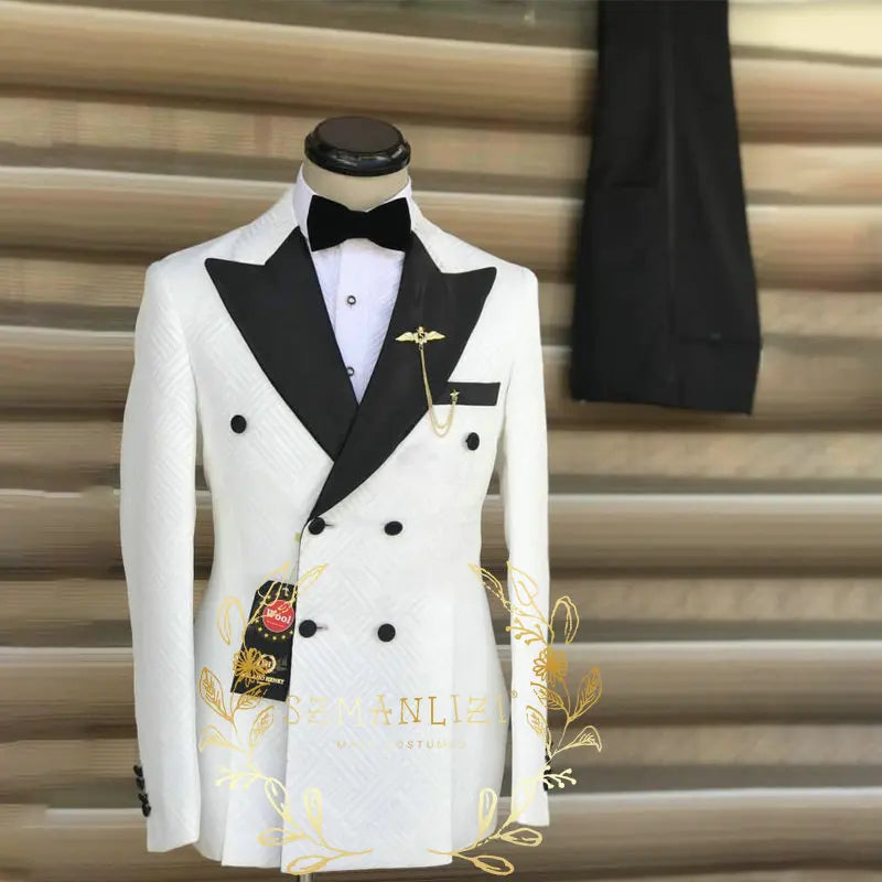 Latest Design Men's Suit Houndstooth Jacket Black Pants 2 Pieces Double Breasted Slim Fit Formal Wedding Tuxedos Evening Dress