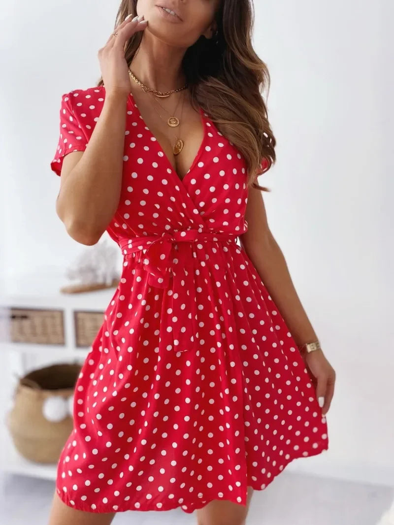 Summer Women's Polka Dot Printed Short Sleeved Casual Dress Fashionable V-neck