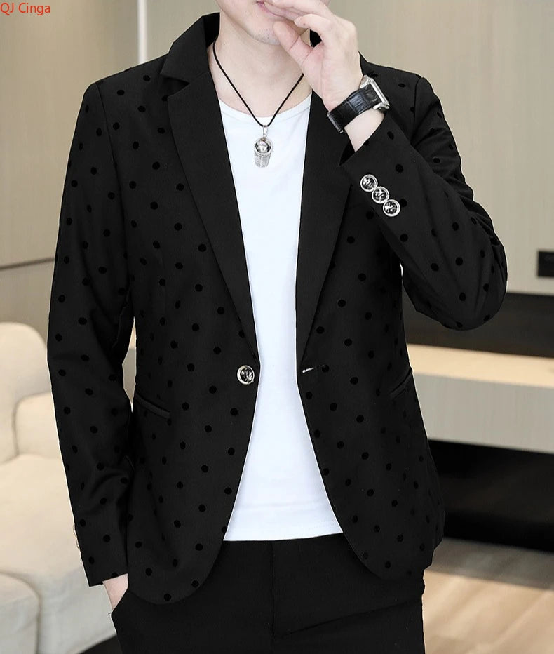 Men's Brown Long-Sleeve Suit Jacket Polka Dot Pattern Decorated Outerwear