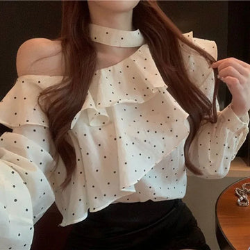 French Style Halter Neck Polka Dot Chiffon Ruffle Blouses