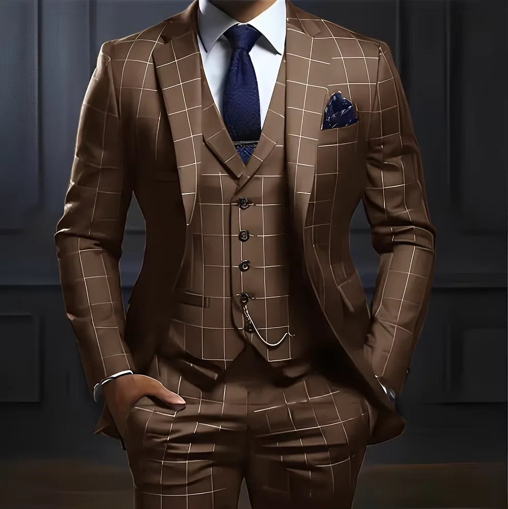 Customized Navy Blue Plaid Men Suits Business Male Blazers Slim Fit Notched Lapel Groom Tuxedos 3 Pcs Sets Handsome Ropa Hombre