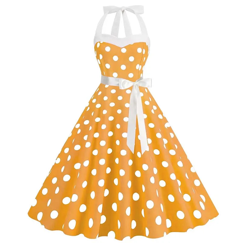 Women Summer Party Dress With Belt Polka Dot Print Halter Hepburn