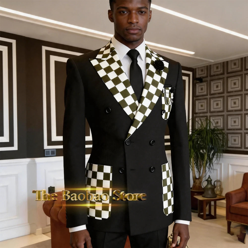 Stylish Men's Suit Black White Checkerboard 2pcs Double Breasted Blazer Pants Custom Slimming Set Wedding Banquet Party Tuxedo
